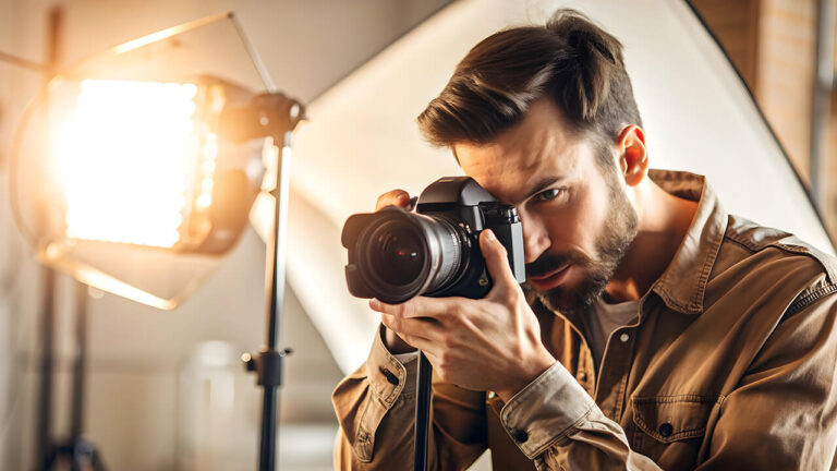 professional photographer adjusting camera settings studio with lighting equipment photo stock c